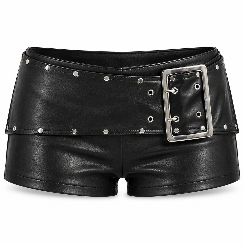 Rebel Studded Buckle Faux Leather Shorts