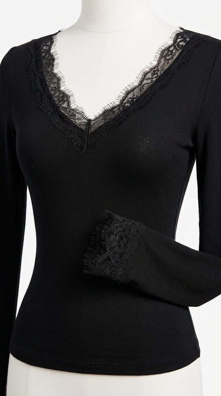 Lace-Trimmed V-Neck Long Sleeve Slim Fit T-Shirt