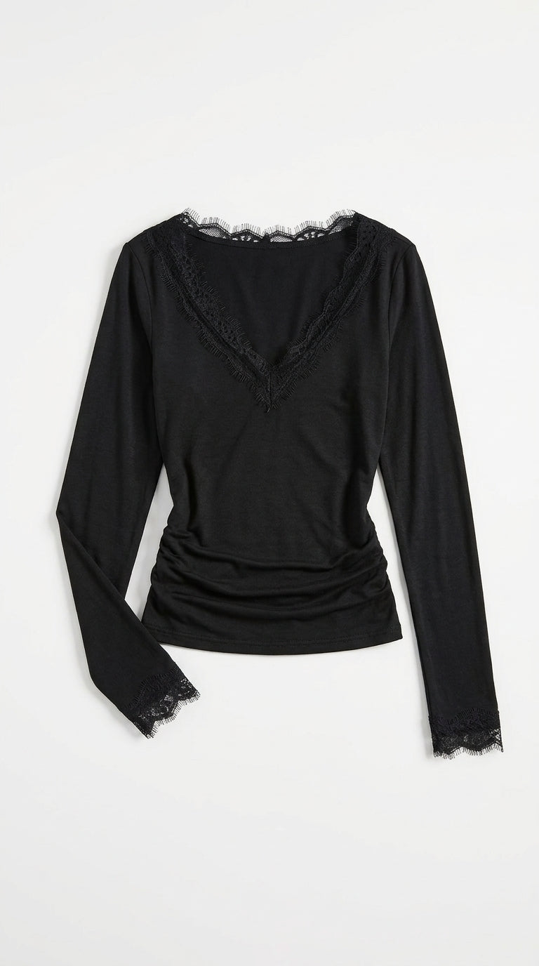 Lace-Trimmed V-Neck Long Sleeve Slim Fit T-Shirt