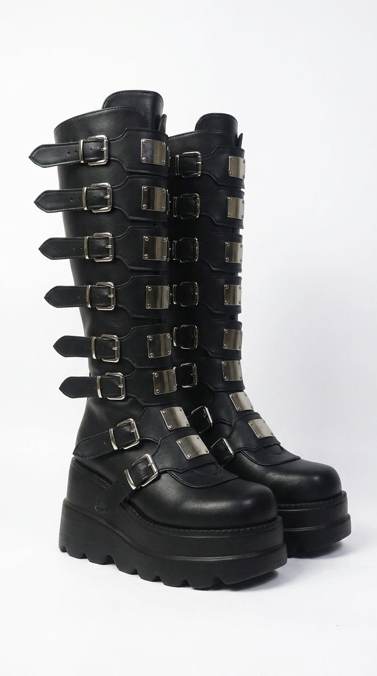 Riot Multi-Buckle Knee-High Platform Boots