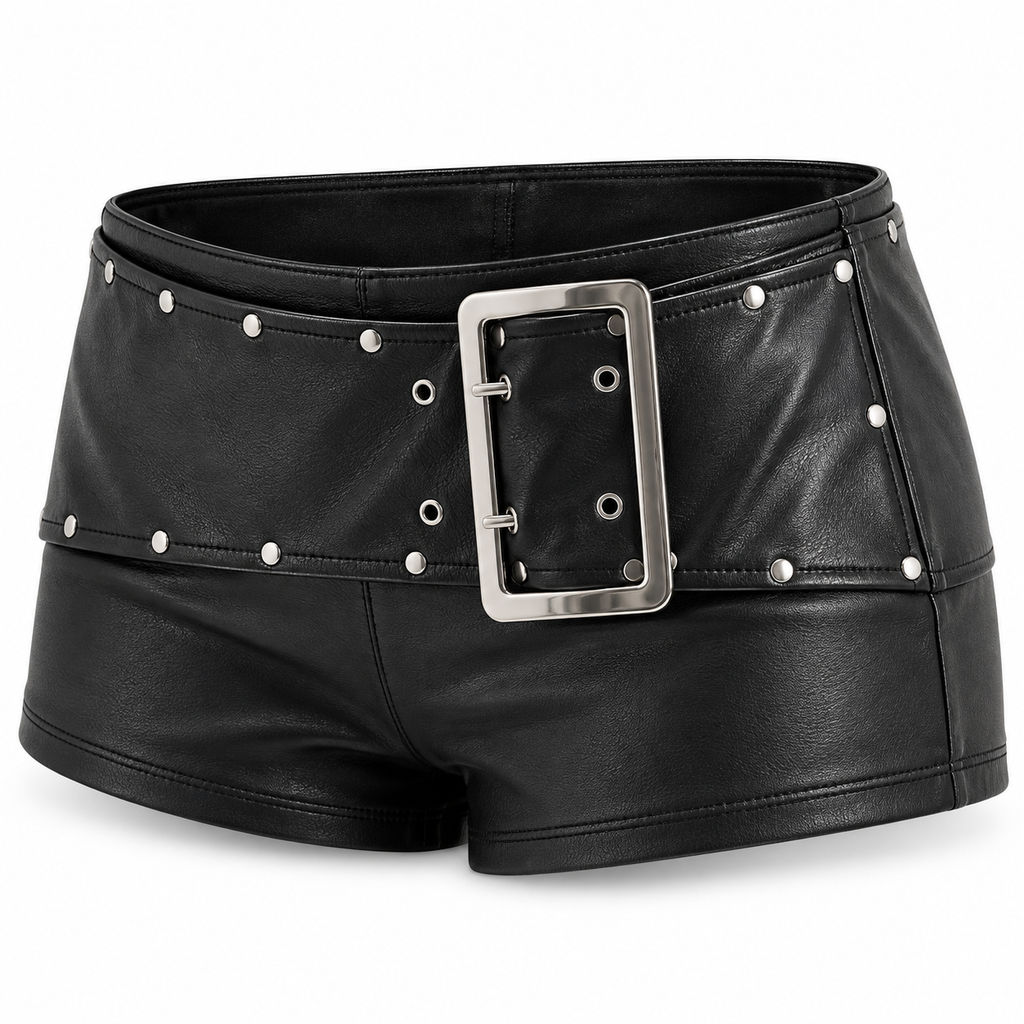 Rebel Studded Buckle Faux Leather Shorts