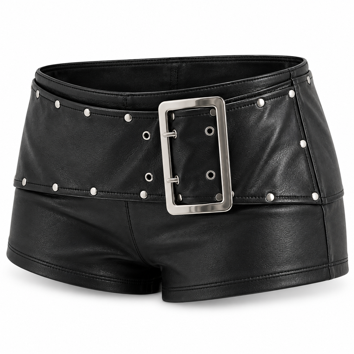 Rebel Studded Buckle Faux Leather Shorts