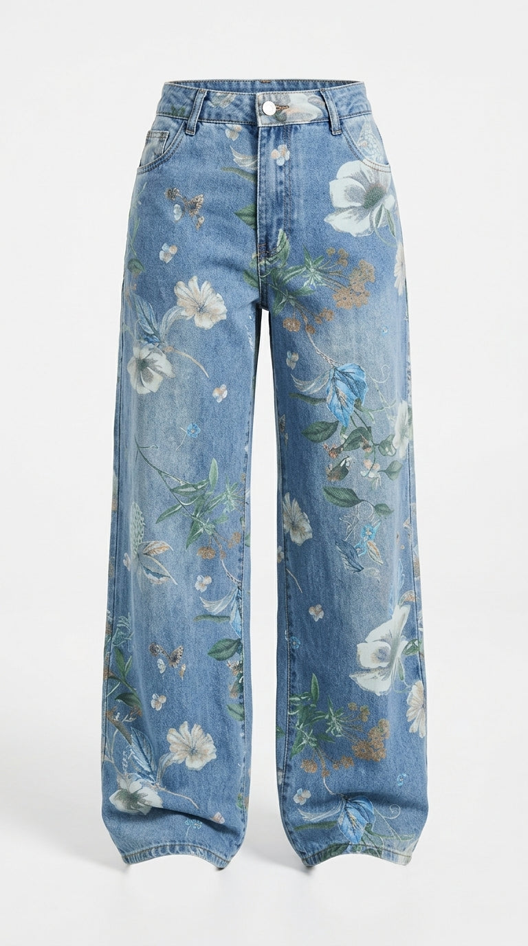 Vintage Floral High-Waisted Wide-Leg Jeans