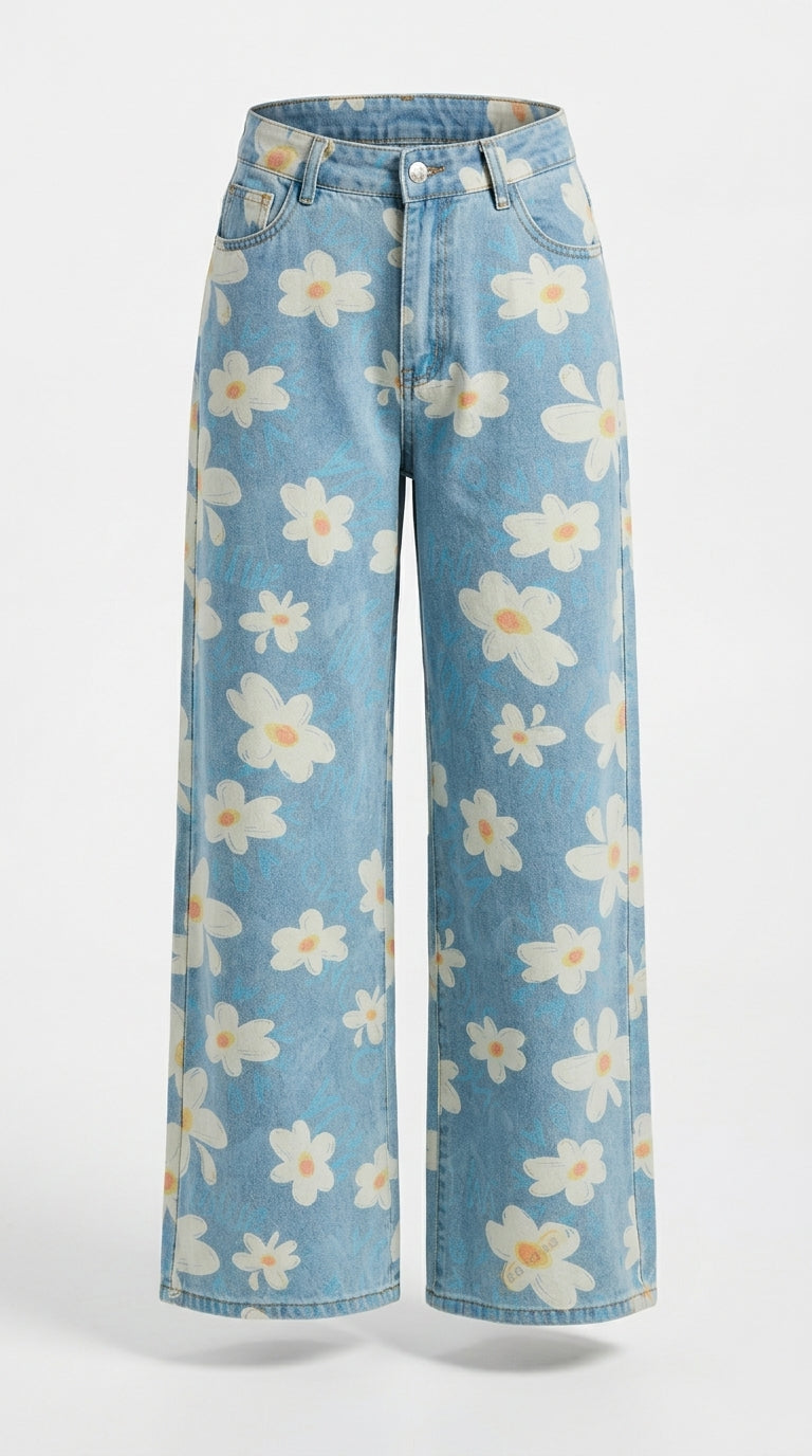 Pocketed Floral Wide Leg Jeans