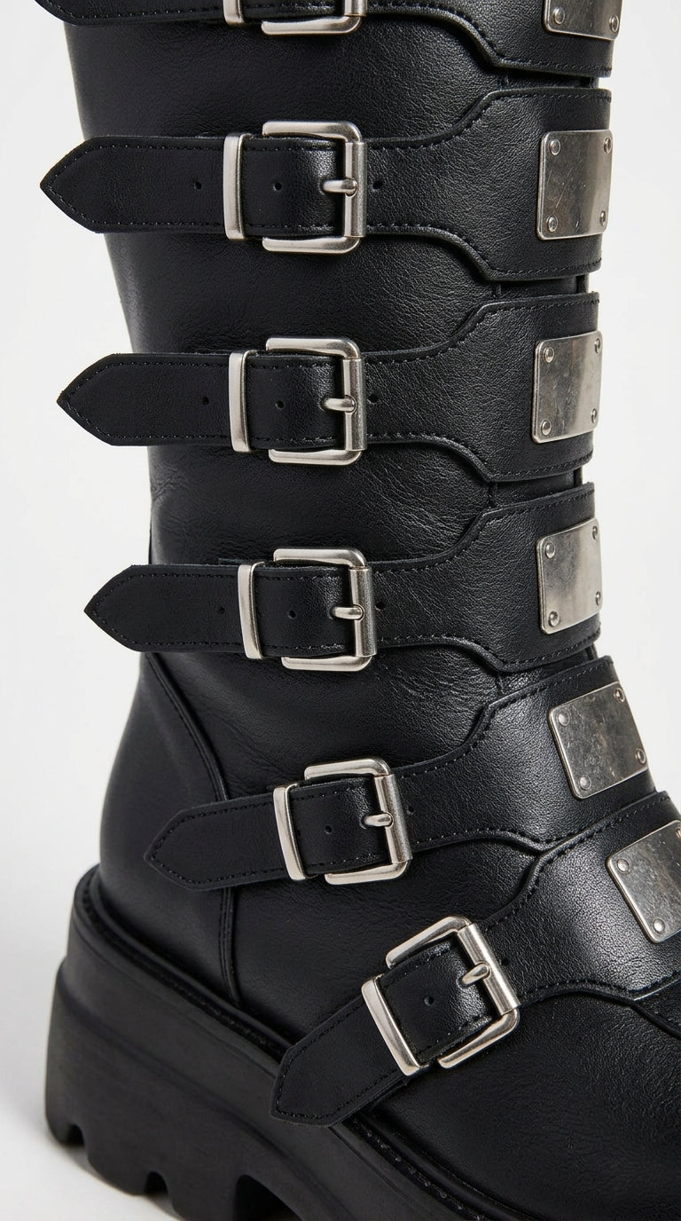 Riot Multi-Buckle Knee-High Platform Boots