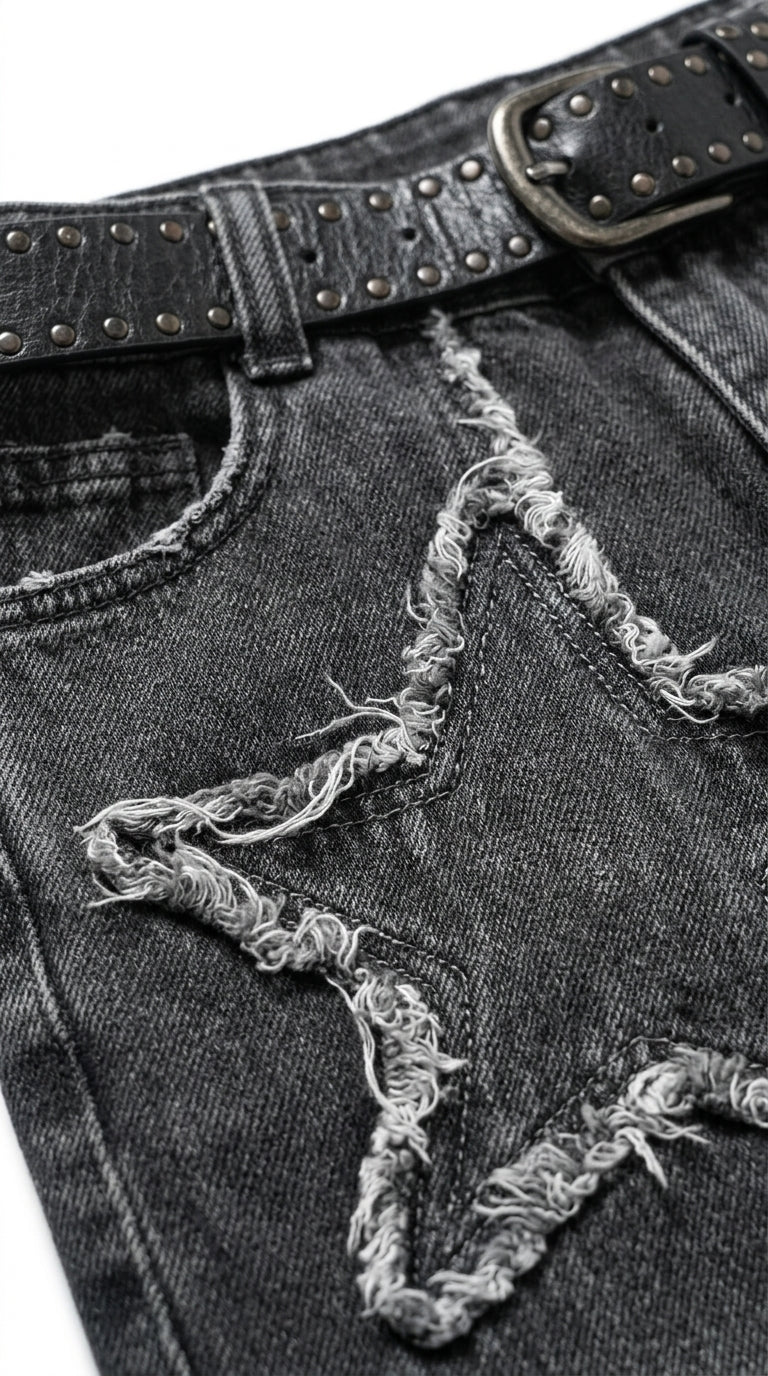 Washed Black Wide-Leg Star Patch Jeans, Low-Rise Baggy Denim with Frayed Edges