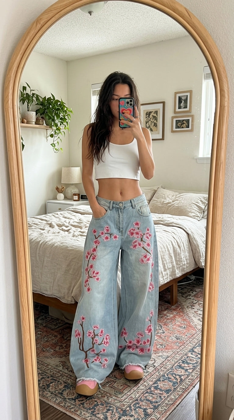 Embroidered Wide-Leg Baggy Jeans