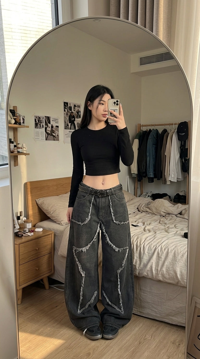 Washed Black Wide-Leg Star Patch Jeans, Low-Rise Baggy Denim with Frayed Edges