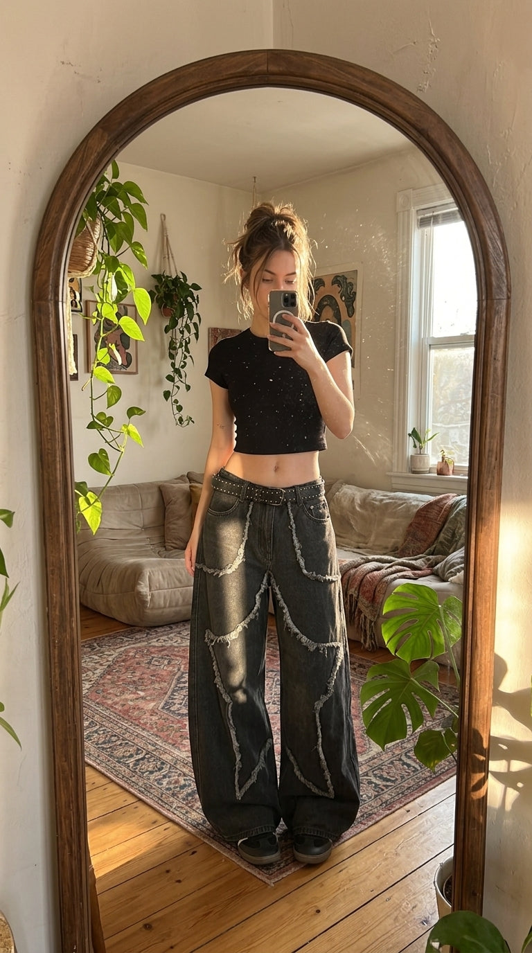 Washed Black Wide-Leg Star Patch Jeans, Low-Rise Baggy Denim with Frayed Edges