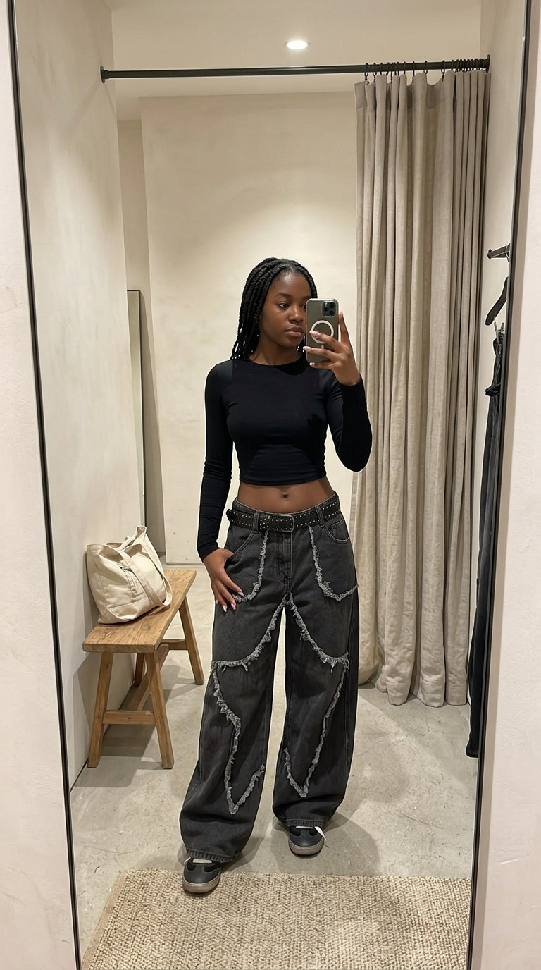 Washed Black Wide-Leg Star Patch Jeans, Low-Rise Baggy Denim with Frayed Edges