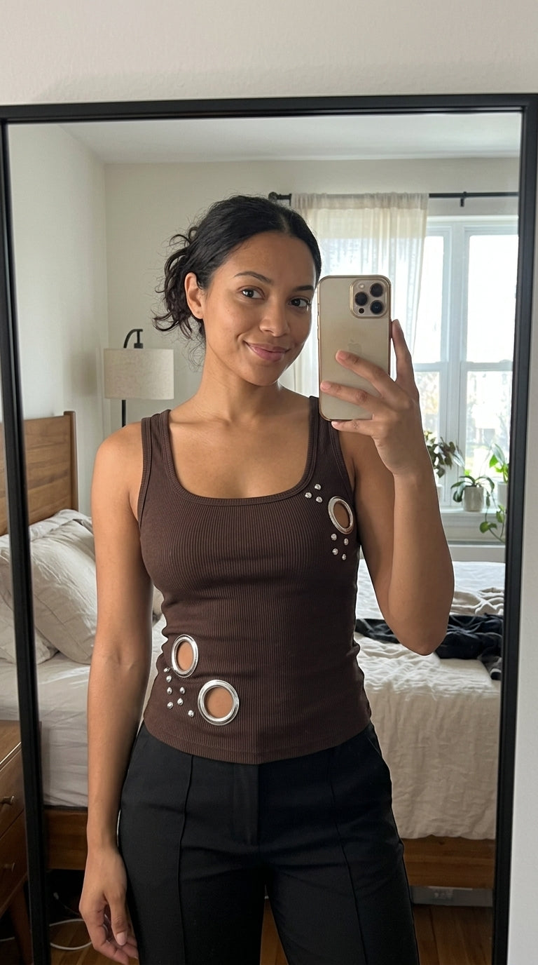Metal Ring Cutout Ribbed Tank Top