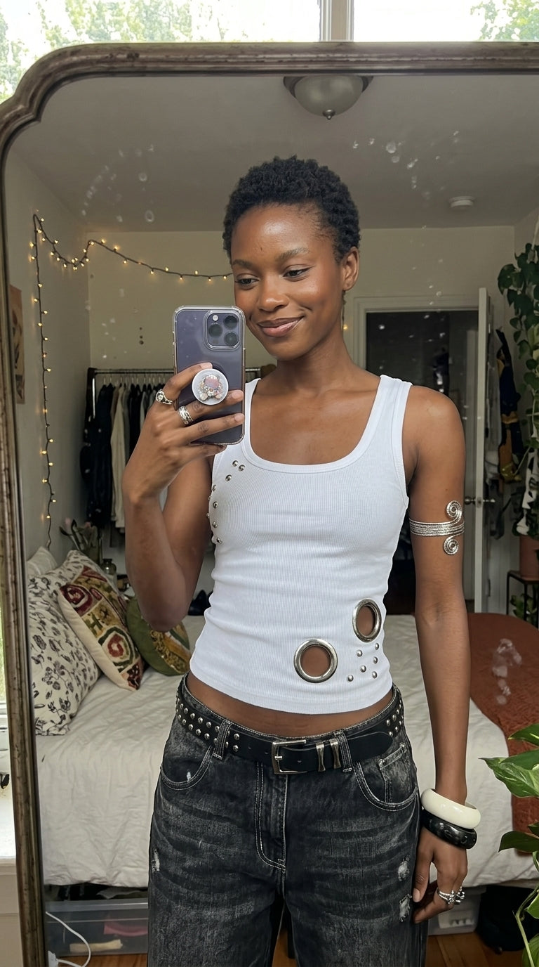 Metal Ring Cutout Ribbed Tank Top