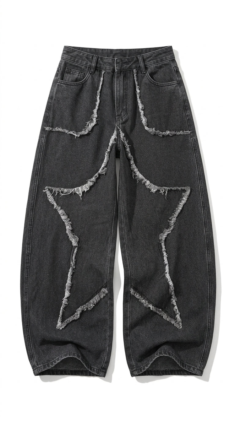 Washed Black Wide-Leg Star Patch Jeans, Low-Rise Baggy Denim with Frayed Edges