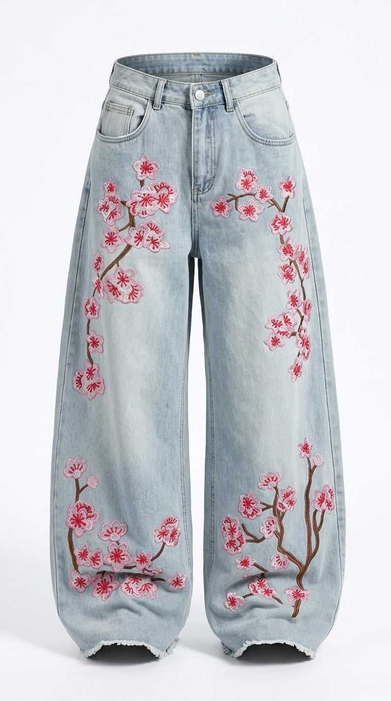 Embroidered Wide-Leg Baggy Jeans