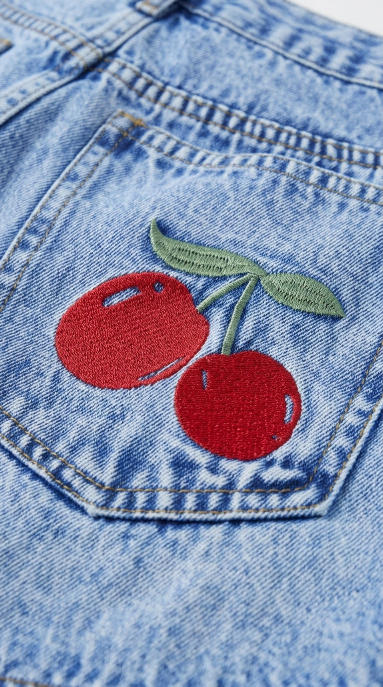 Cherry Embroidered Denim Shorts