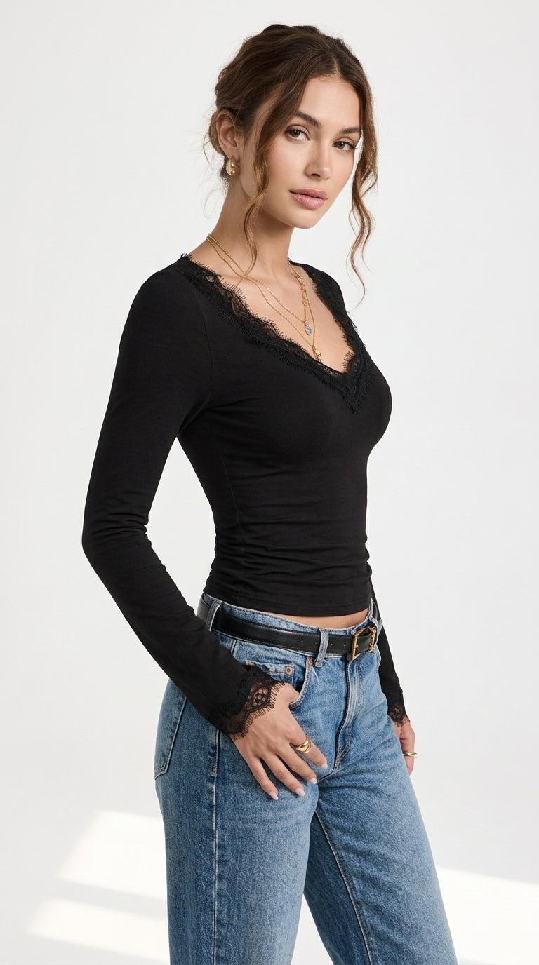 Lace-Trimmed V-Neck Long Sleeve Slim Fit T-Shirt
