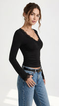 Lace-Trimmed V-Neck Long Sleeve Slim Fit T-Shirt