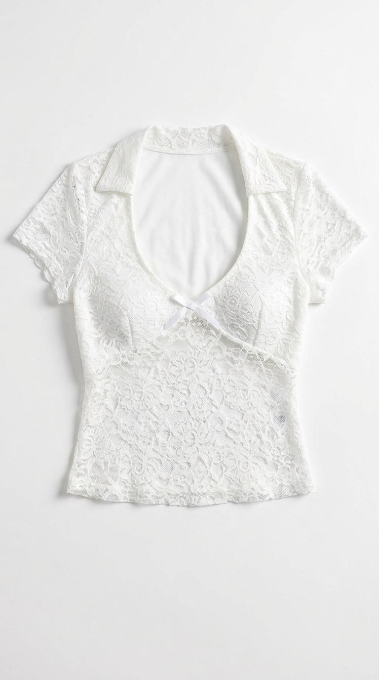 Floral Lace Bow Detail V-Neck Top