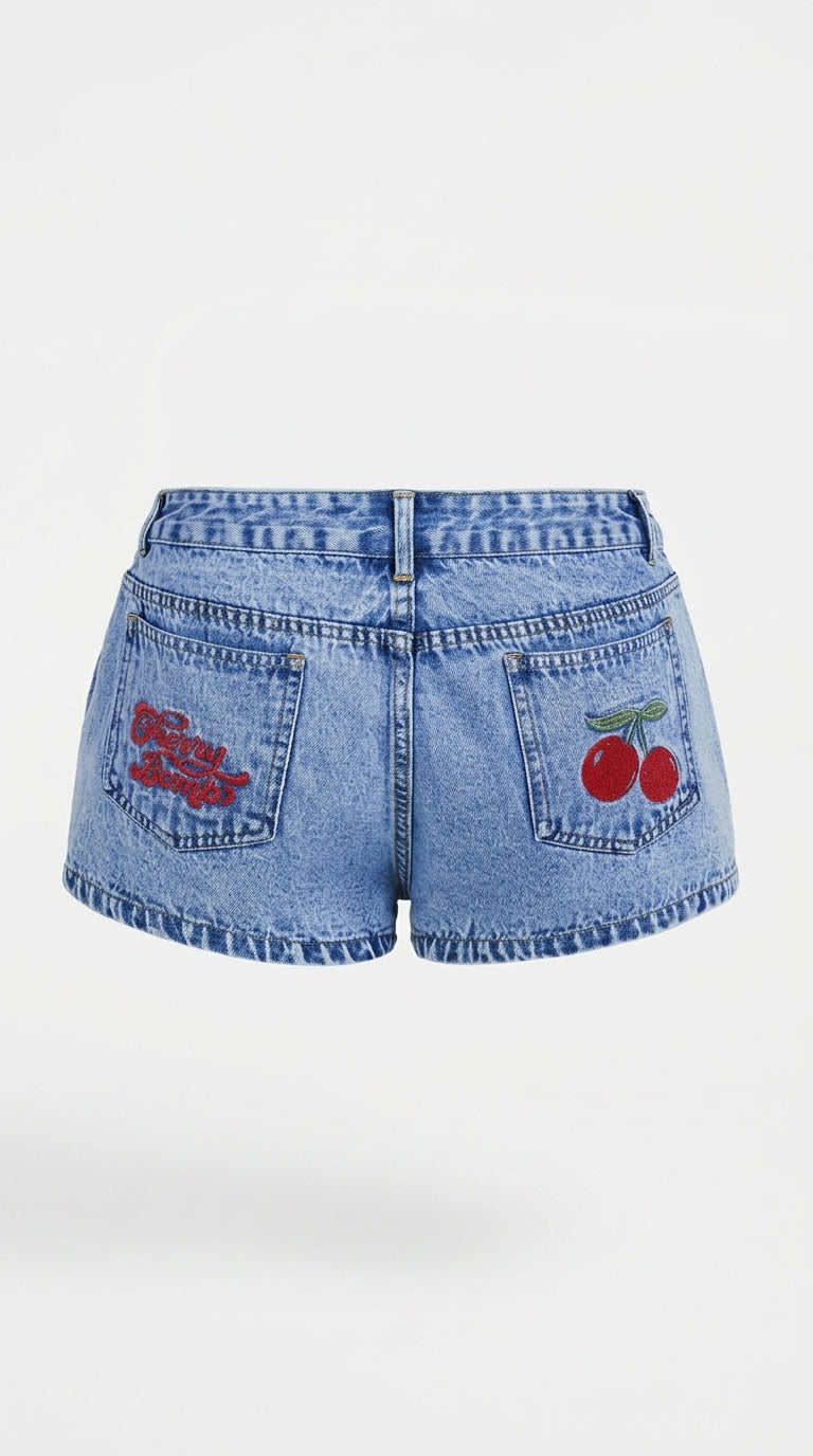 Cherry Embroidered Denim Shorts