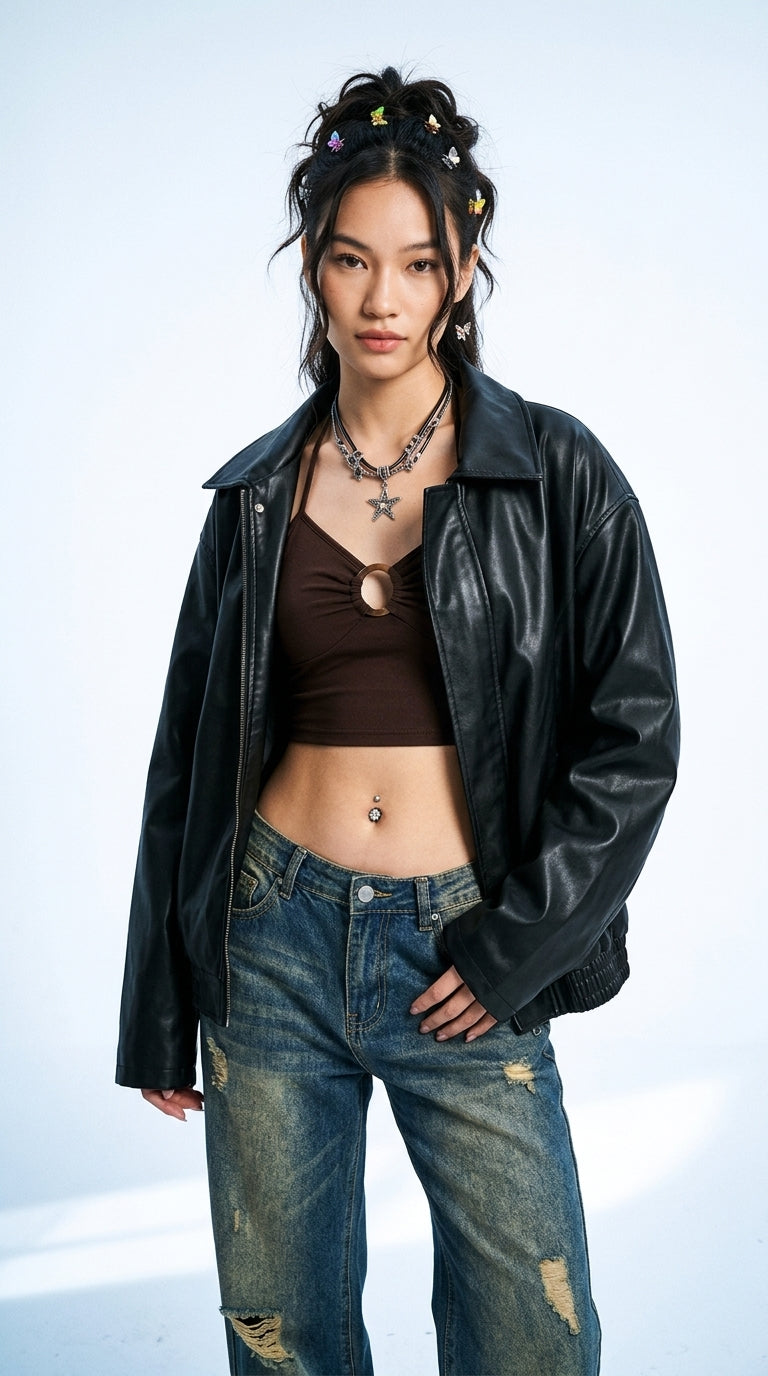 Oversized Faux Leather Moto Jacket