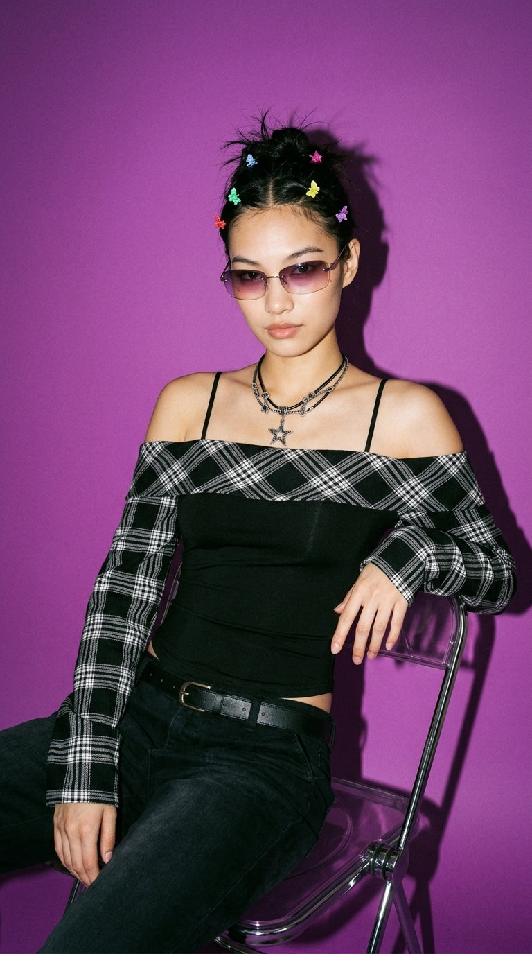 Plaid Long Sleeve Slim Fit T-Shirt