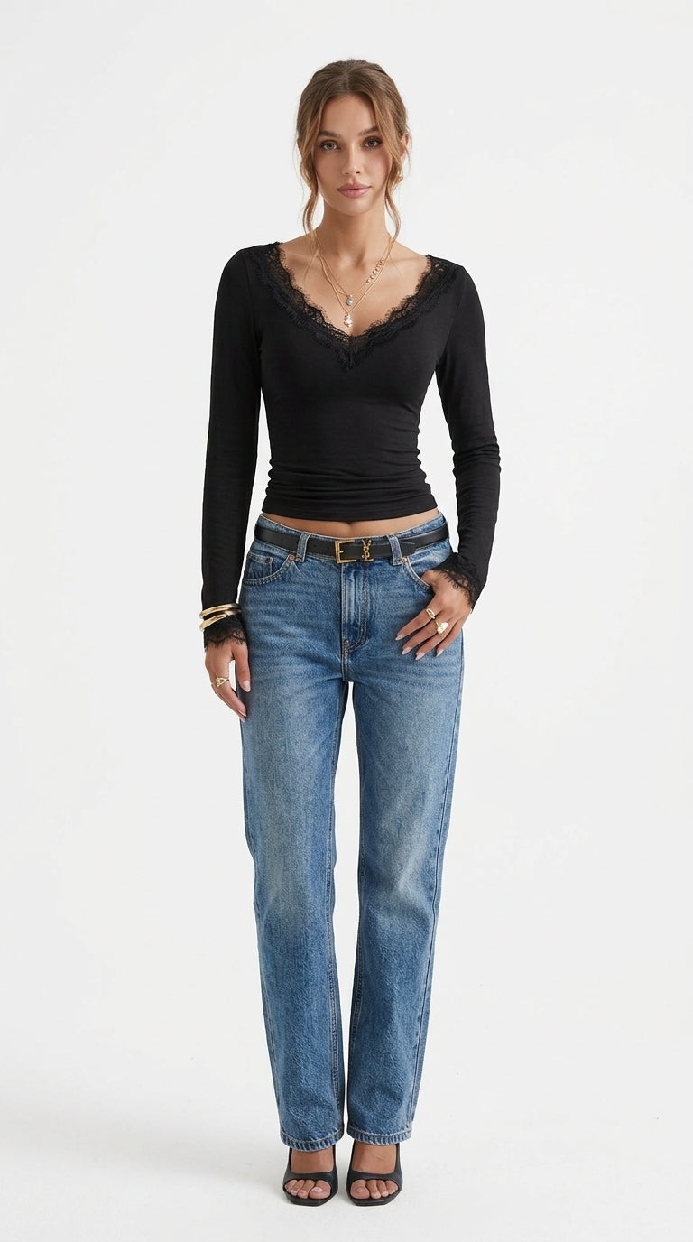 Lace-Trimmed V-Neck Long Sleeve Slim Fit T-Shirt