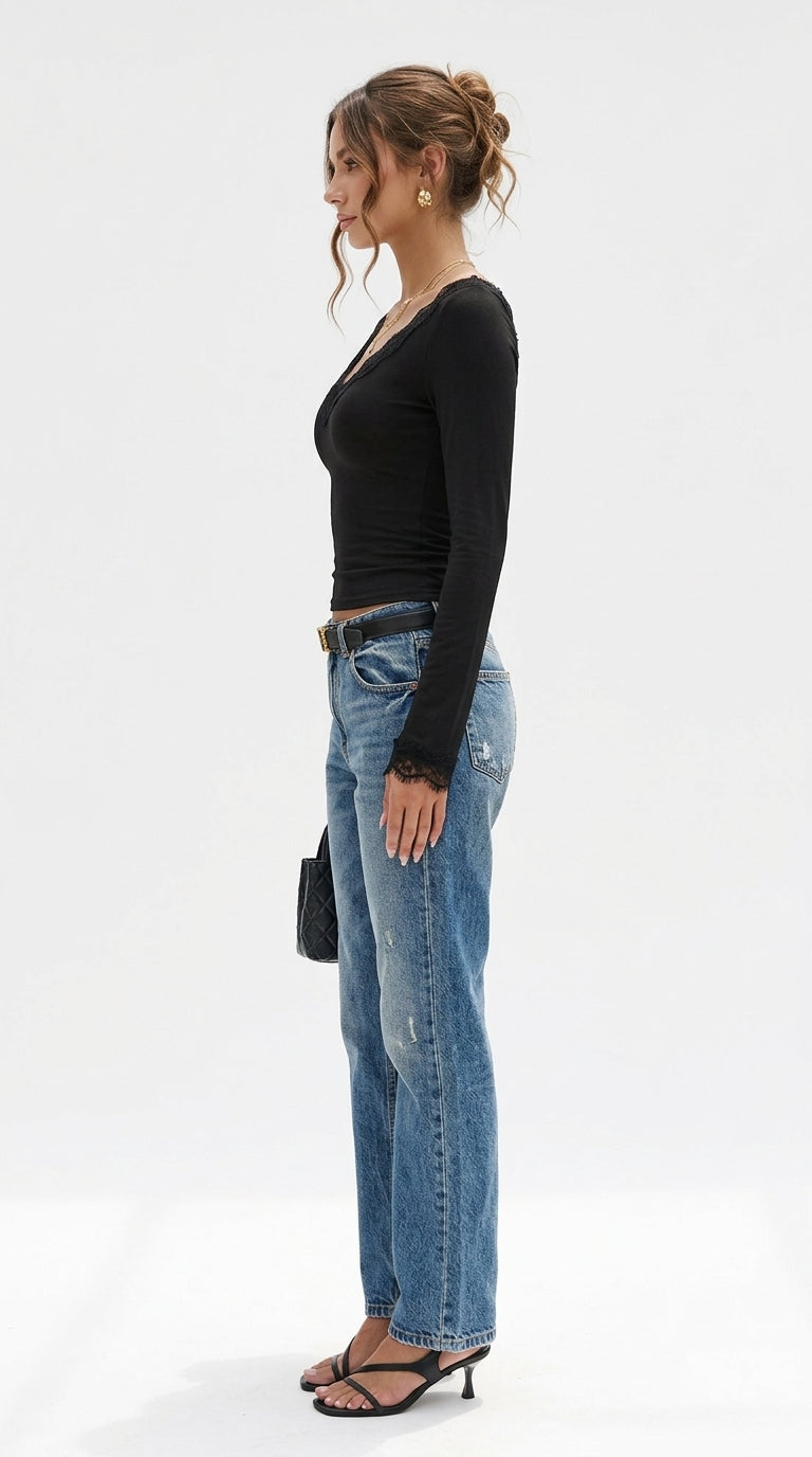 Lace-Trimmed V-Neck Long Sleeve Slim Fit T-Shirt