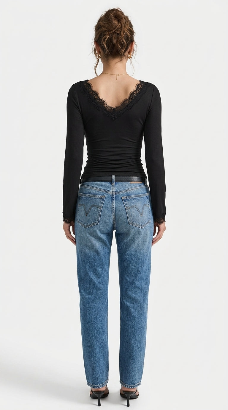 Lace-Trimmed V-Neck Long Sleeve Slim Fit T-Shirt
