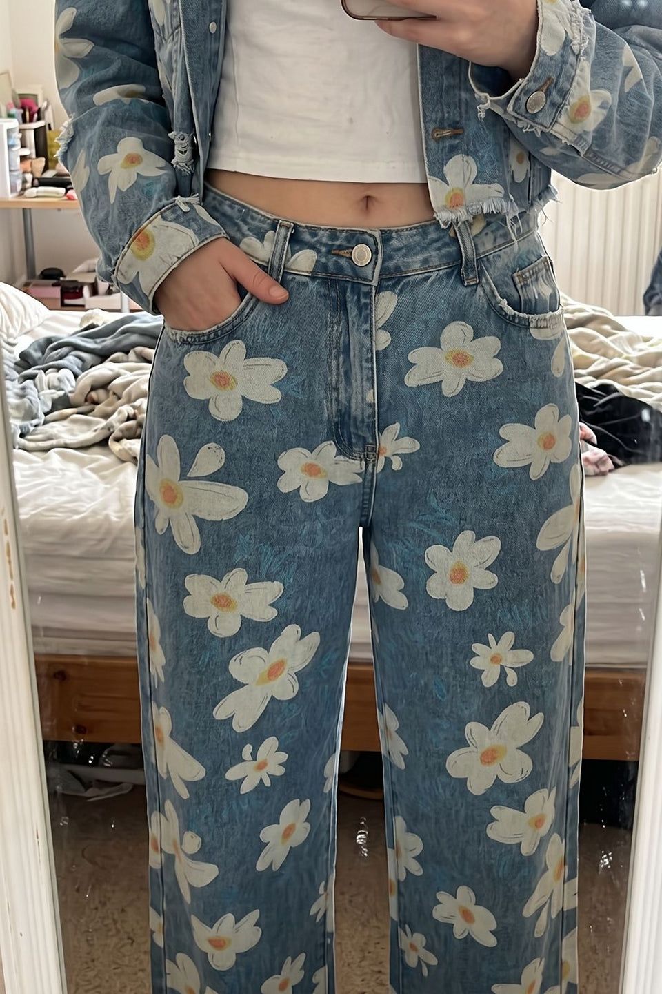 Pocketed Floral Wide Leg Jeans