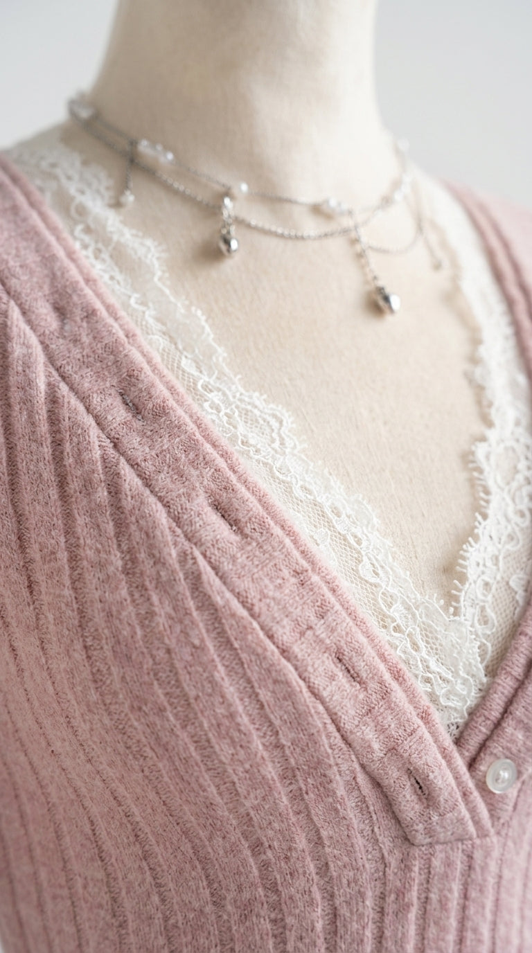 Ella Lace-Trim Ribbed V-Neck Top