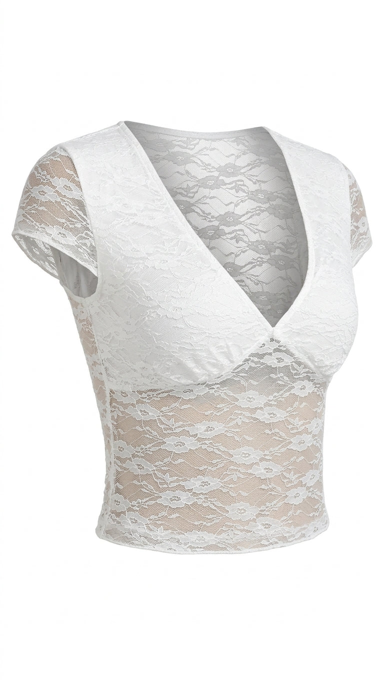 Plunge Cap Sleeve Lace Top