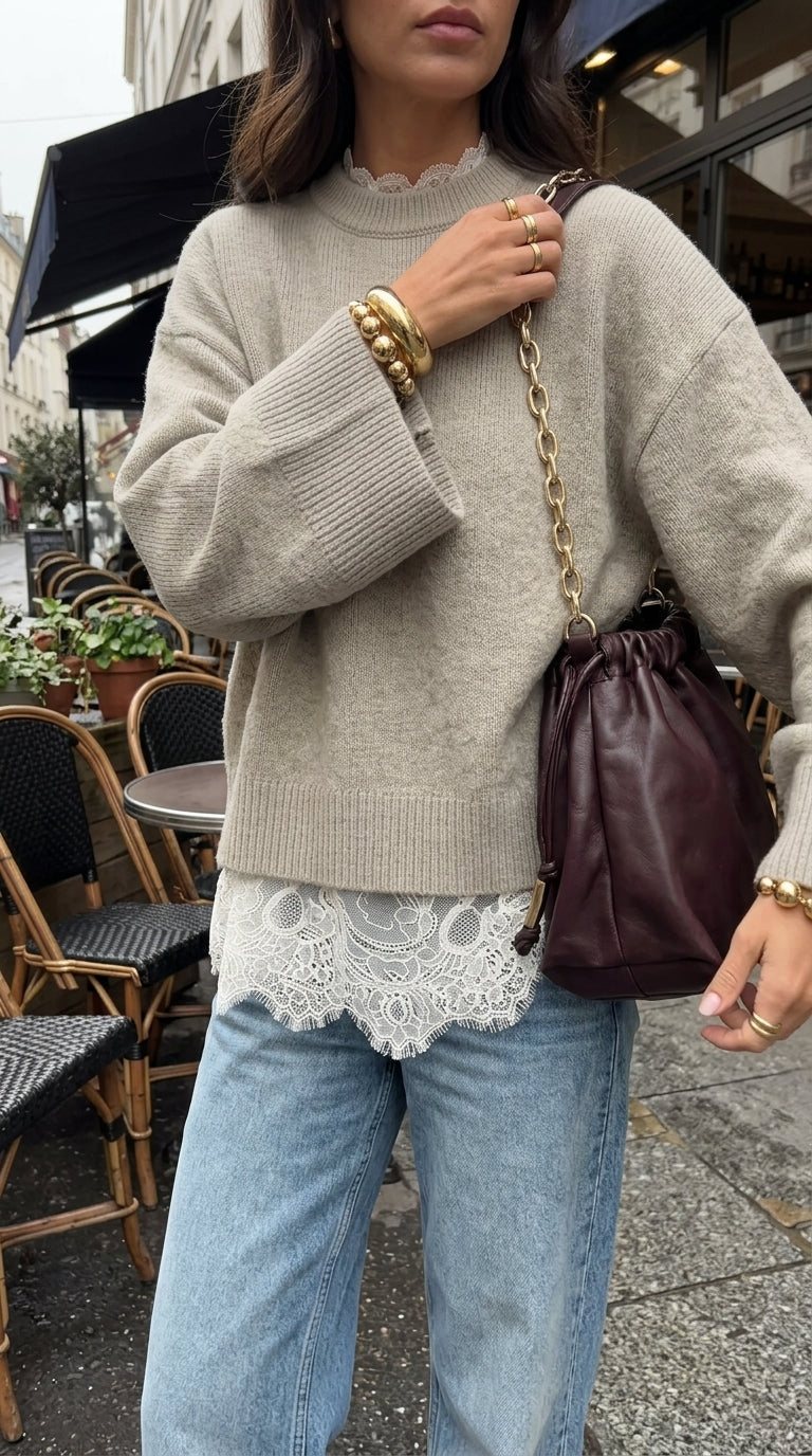 Layered Lace Hem Crew Neck Sweater
