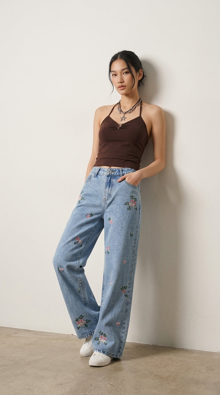 Embroidered Wide Leg Jeans