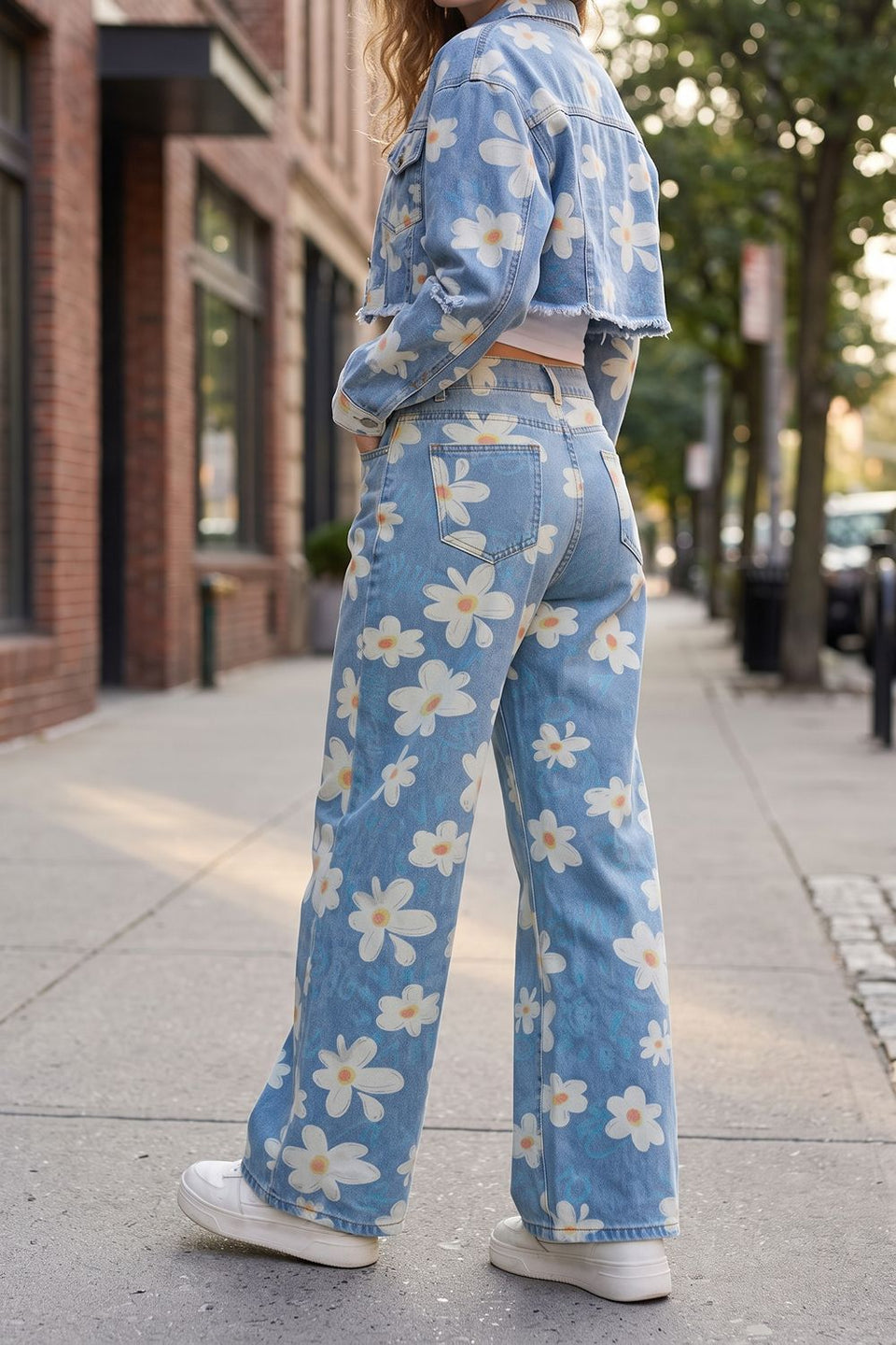 Pocketed Floral Wide Leg Jeans