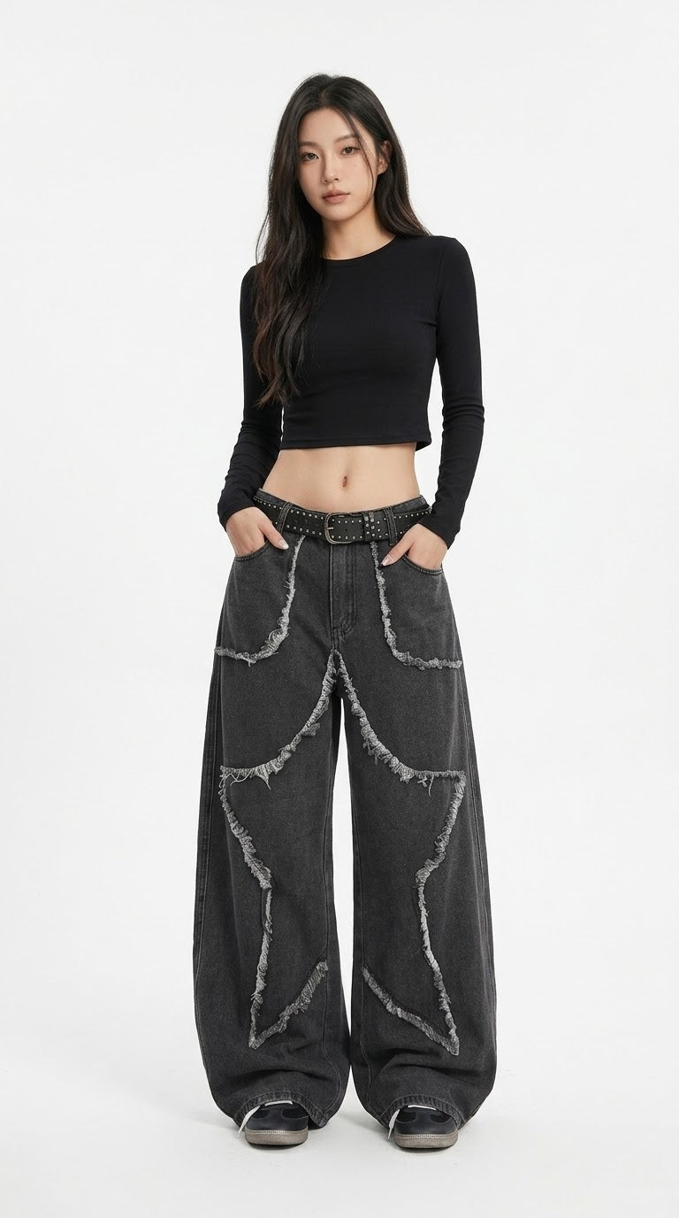 Washed Black Wide-Leg Star Patch Jeans, Low-Rise Baggy Denim with Frayed Edges