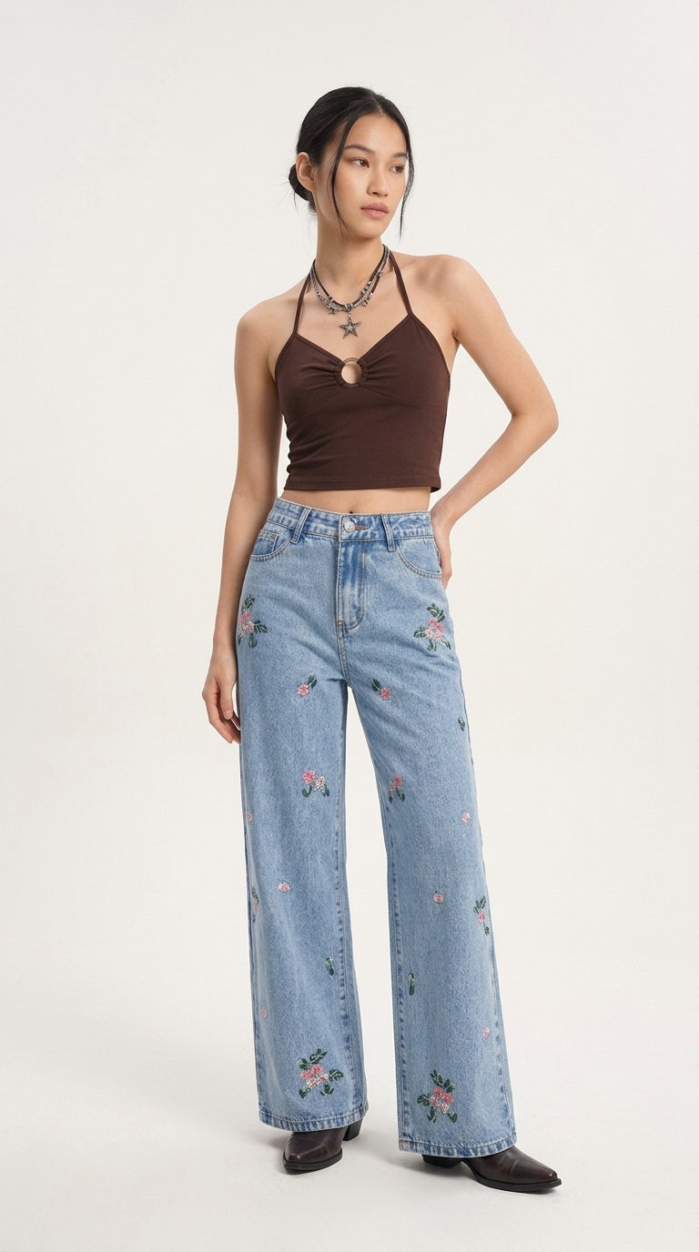 Embroidered Wide Leg Jeans