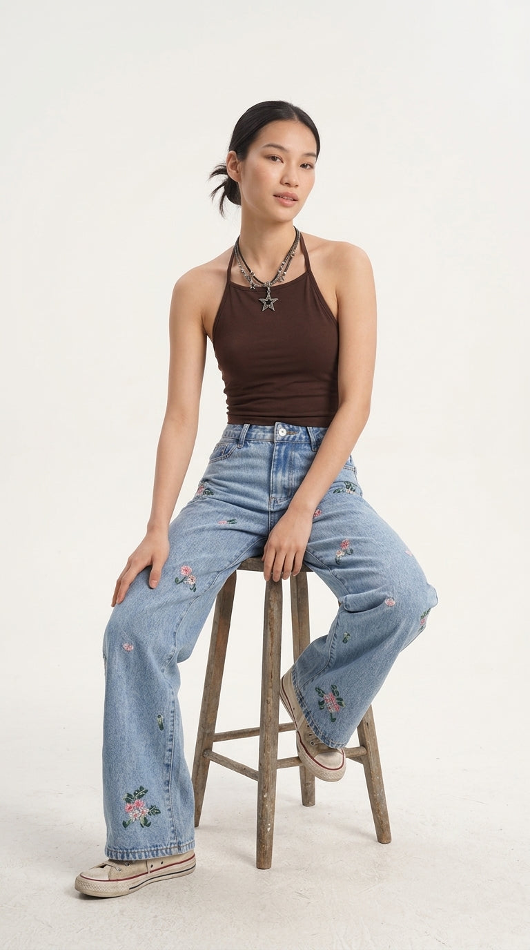 Embroidered Wide Leg Jeans