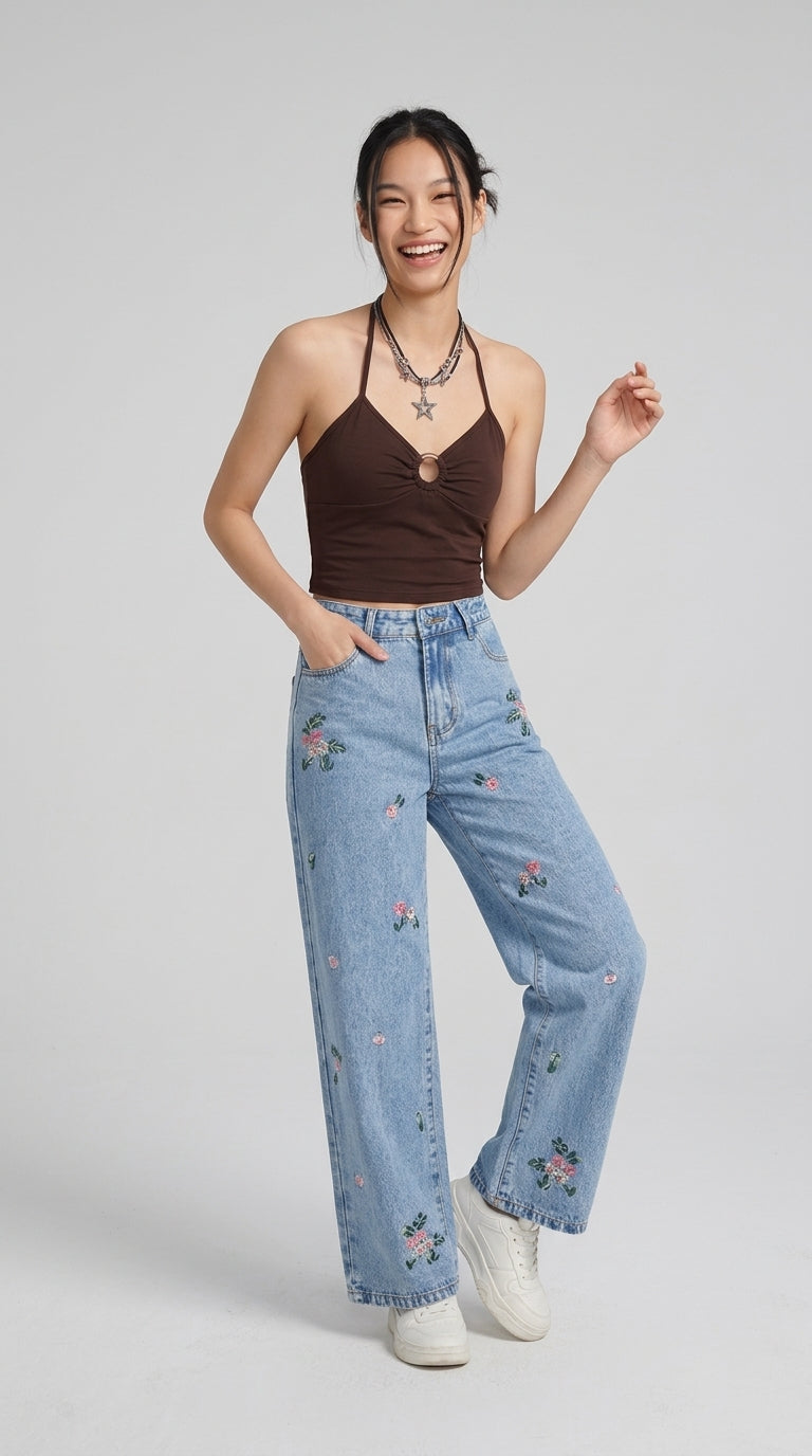 Embroidered Wide Leg Jeans