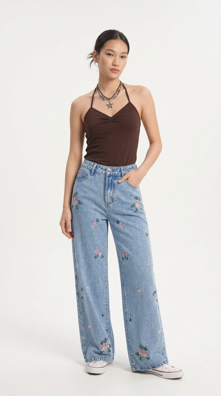 Embroidered Wide Leg Jeans
