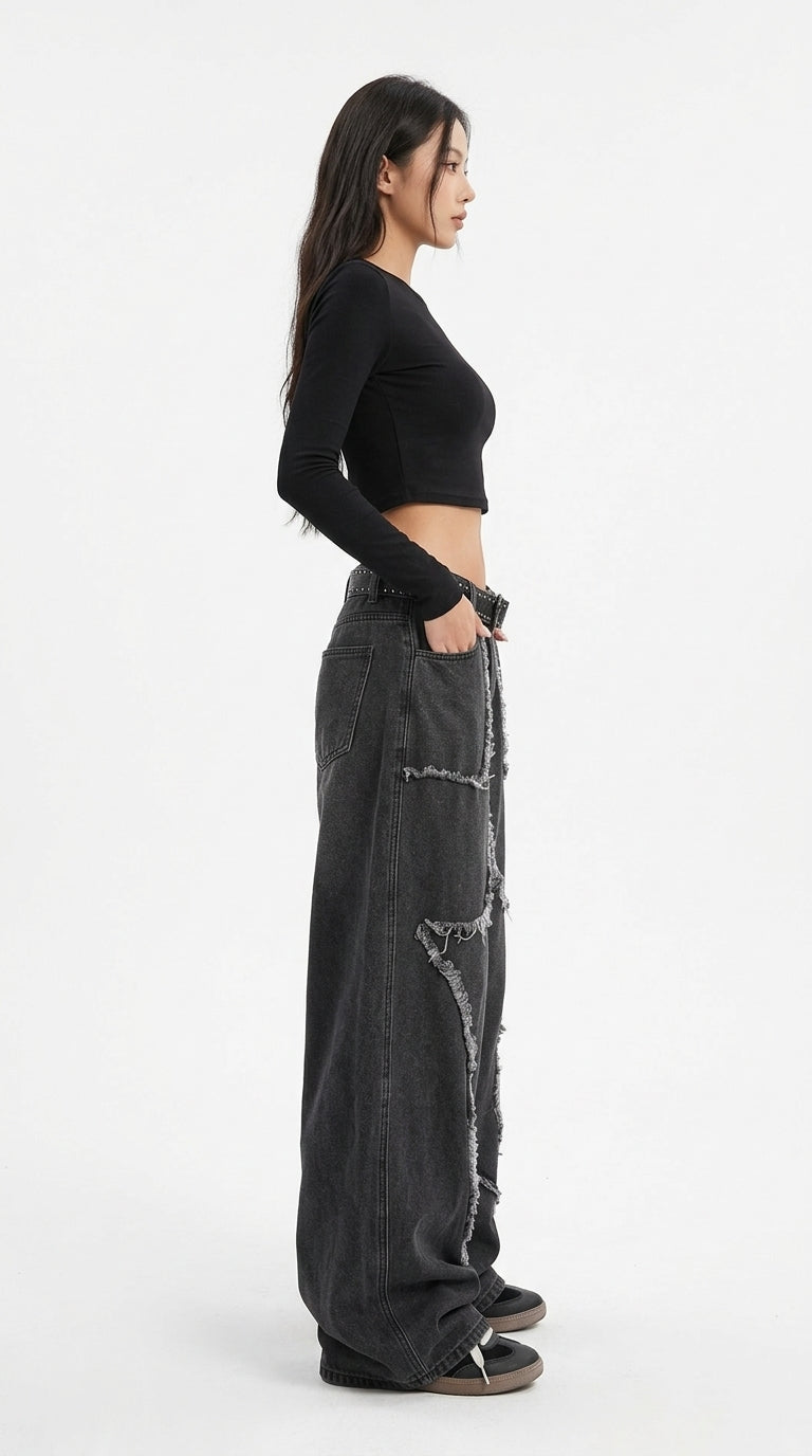 Washed Black Wide-Leg Star Patch Jeans, Low-Rise Baggy Denim with Frayed Edges