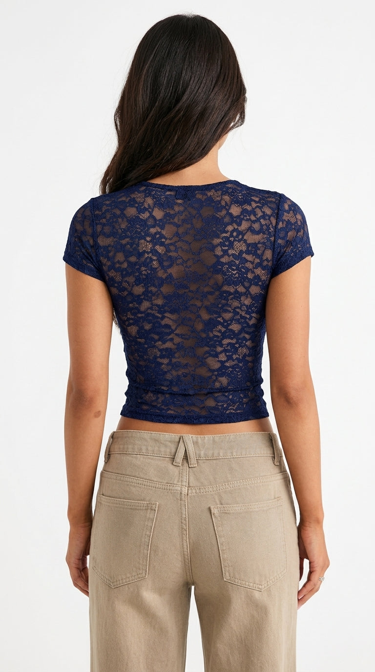 Floral Lace Bow Detail V-Neck Top