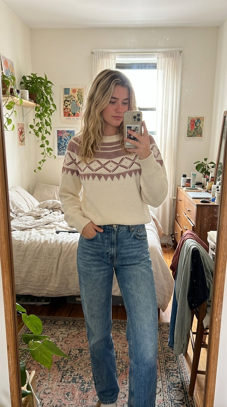 Geometric Crew Neck Knit Sweater