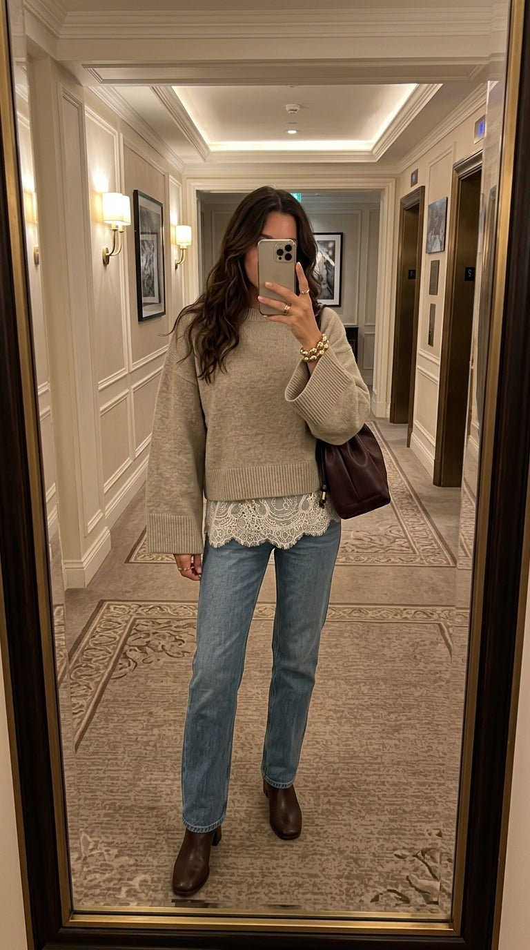 Layered Lace Hem Crew Neck Sweater