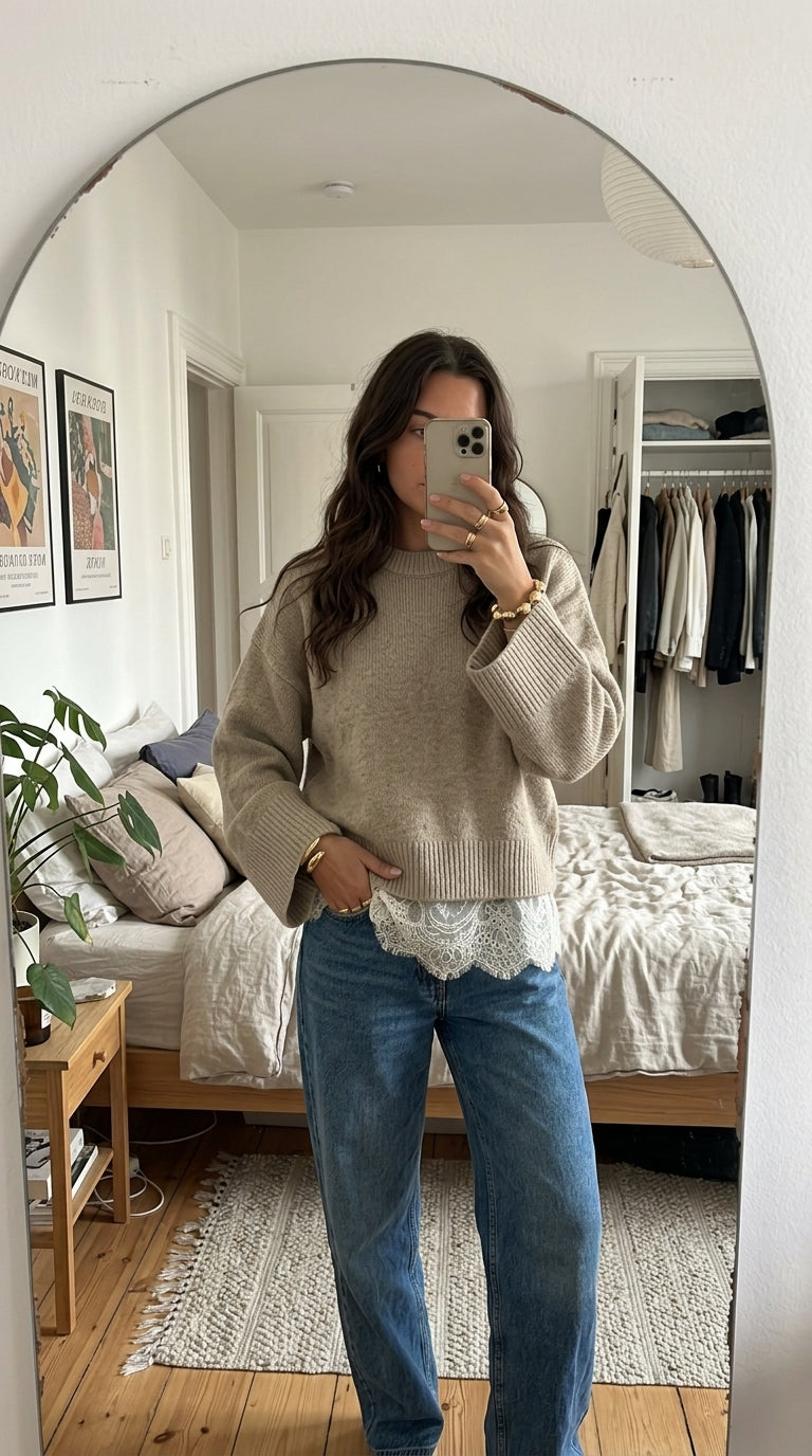 Layered Lace Hem Crew Neck Sweater