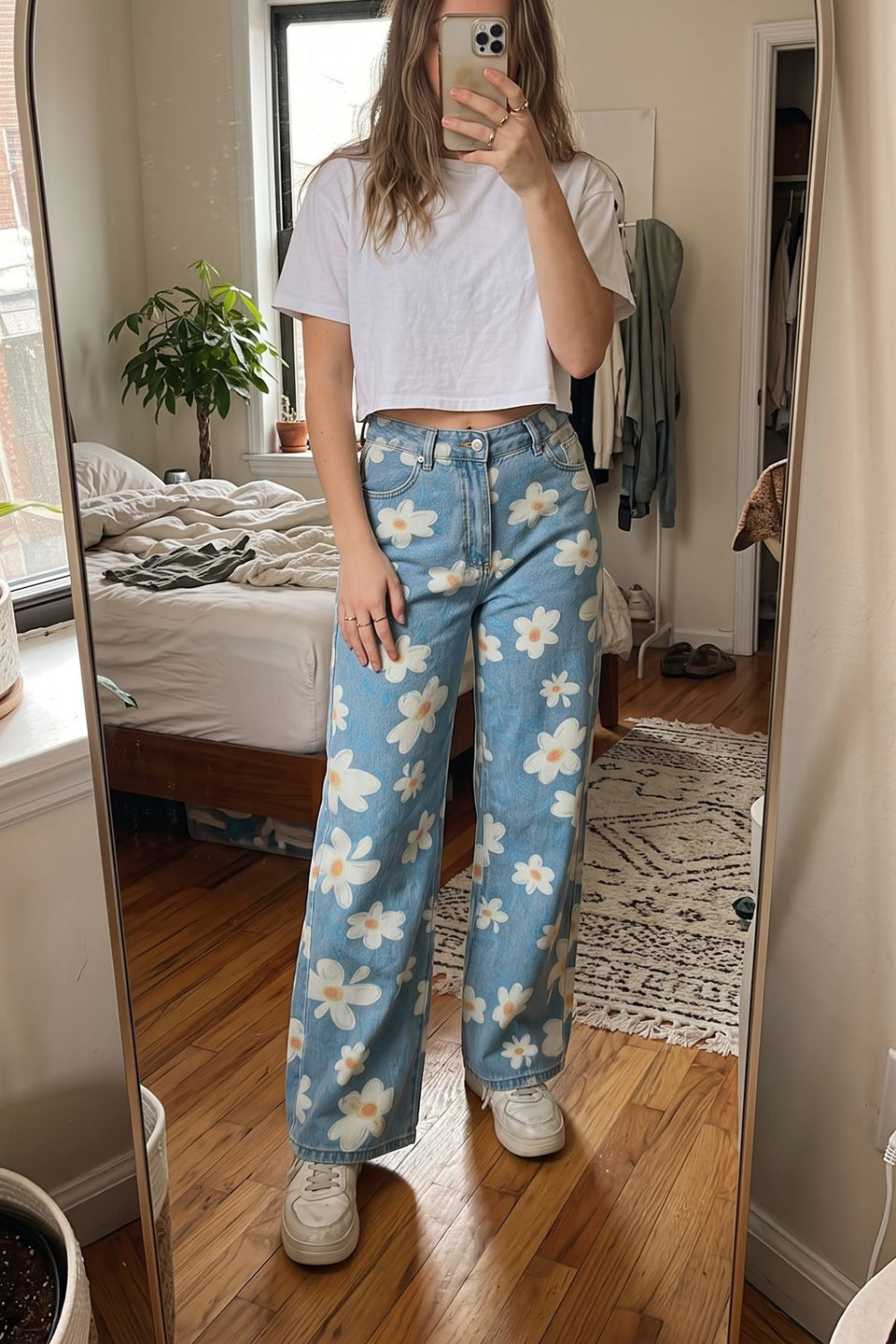 Pocketed Floral Wide Leg Jeans