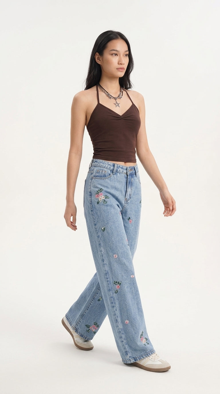 Embroidered Wide Leg Jeans