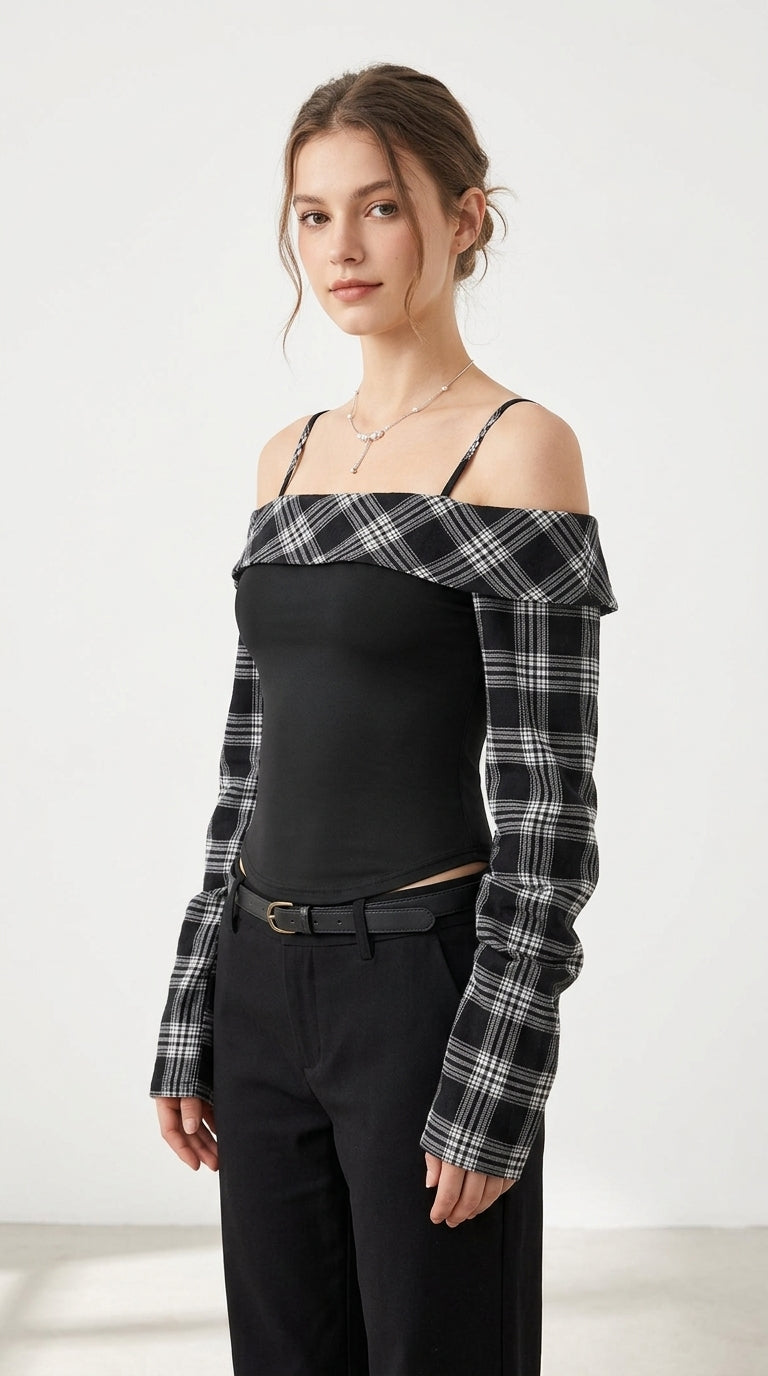 Plaid Long Sleeve Slim Fit T-Shirt