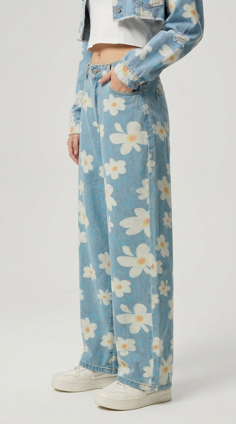 Pocketed Floral Wide Leg Jeans