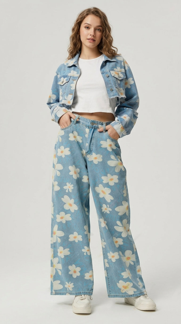 Pocketed Floral Wide Leg Jeans