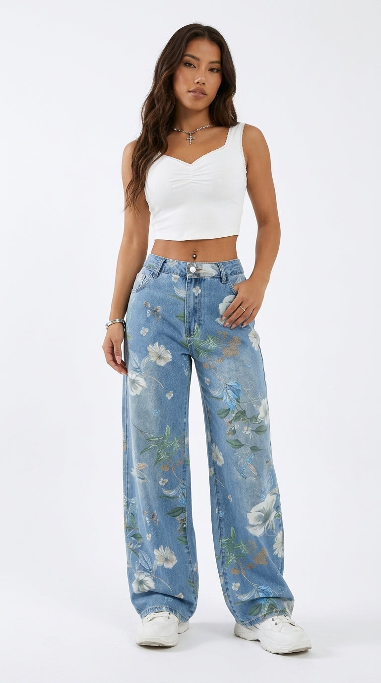 Vintage Floral High-Waisted Wide-Leg Jeans